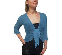 Mimosa Ladies Crochet Shrug Bolero Glitter or Plain Super Stretchy Lace Fish Net Tie at Waist Bolero Open Cardigan Fits UK 6-28 Light Blue