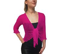 Mimosa Ladies Crochet Shrug Bolero Glitter or Plain Super Stretchy Lace Fish Net Tie at Waist Bolero Open Cardigan Fits UK 6-28