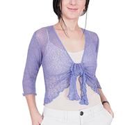 Mimosa Ladies Crochet Shrug Bolero Glitter or Plain Super Stretchy Lace Fish Net Tie at Waist Bolero Open Cardigan Fits UK 6-28 Wisteria