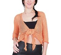 Mimosa Ladies Crochet Shrug Bolero Glitter or Plain Super Stretchy Lace Fish Net Tie at Waist Bolero Open Cardigan Fits UK 6-28