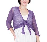 Mimosa Ladies Crochet Shrug Bolero Glitter or Plain Super Stretchy Lace Fish Net Tie at Waist Bolero Open Cardigan Fits UK 6-28 Purple
