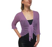 Mimosa Ladies Crochet Shrug Bolero Glitter or Plain Super Stretchy Lace Fish Net Tie at Waist Bolero Open Cardigan Fits UK 6-28 Lavender