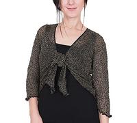 Mimosa Ladies Crochet Shrug Bolero Glitter or Plain Super Stretchy Lace Fish Net Tie at Waist Bolero Open Cardigan Fits UK 6-28 Black/Gold