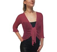 Mimosa Ladies Crochet Shrug Bolero Glitter or Plain Super Stretchy Lace Fish Net Tie at Waist Bolero Open Cardigan Fits UK 6-28 Raspberry