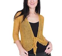Mimosa Ladies Crochet Shrug Bolero Glitter or Plain Super Stretchy Lace Fish Net Tie at Waist Bolero Open Cardigan Fits UK 6-28 Golden