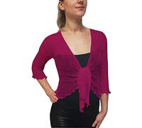 Mimosa Ladies Crochet Shrug Bolero Glitter or Plain Super Stretchy Lace Fish Net Tie at Waist Bolero Open Cardigan Fits UK 6-28 Magenta