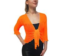 Mimosa Ladies Crochet Shrug Bolero Glitter or Plain Super Stretchy Lace Fish Net Tie at Waist Bolero Open Cardigan Fits UK 6-28 Orange