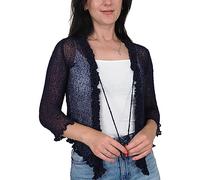 Mimosa Ladies Frill Cardigan Tie Up Crochet Plain Stretch Fish Net Bolero Navy