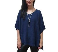 Mimosa Ladies One Size Knitted Warm Oversized V-Neck Poncho Cape with Side Buttons (One Size, Navy)