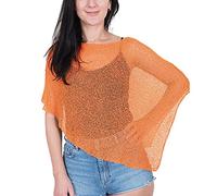 Mimosa Ladies Plain Stretch Lace Fish Net Bali Crochet Batwing Small Poncho (One Size, Orange)