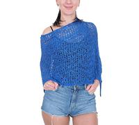Mimosa Ladies Popcorn Style Plain Stretch Fish Net Crochet Batwing Small Poncho (One Size, Royal)