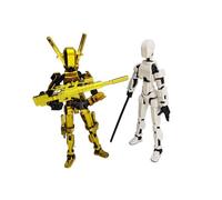 MIMOX Gold & White T13 Action Figures, Multi-Joint Movable Interacts with Weapons 13cm/5.4", 2-Pack, Puzzle Lucky Dummy 13 Stick Bots, 3D Printed Titan Stickman Robot Dolls, Magnetic Stand Animation
