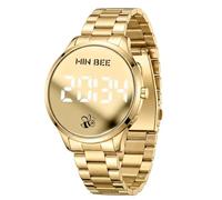 MIN BEE 40mm Digital Watch Stainless Steel Metal Bracelet Mirror Face Easy Reader LED Retro Watch, Gold