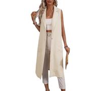 Mina Self 2024 Fall Sleeveless Long Linen Blazers Jacket Women Lightweight Fashion Casual Work Vest Waistcoat Pockets, Beige, M