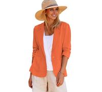 Mina Self 2024 Summer Linen Blazer Women 3/4 Stretchy Ruched Sleeve Fully Lined Lightweight Breathable Casual Work Jacket, Orange, L