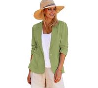 Mina Self 2024 Summer Linen Blazer Women 3/4 Stretchy Ruched Sleeve Fully Lined Lightweight Breathable Casual Work Jacket, 1-green, M