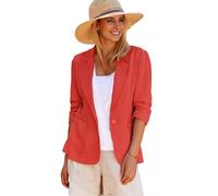 Mina Self 2024 Summer Linen Blazer Women 3/4 Stretchy Ruched Sleeve Fully Lined Lightweight Breathable Casual Work Jacket, Red, M