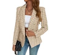 Mina Self 2025 Fall Winter Women’s Tweed Plaid Blazer - Double Breasted Work Casual Jacket with Pockets, Cream, M