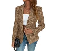 Mina Self 2025 Fall Winter Women’s Tweed Plaid Blazer - Double Breasted Work Casual Jacket with Pockets, Brown, XXL