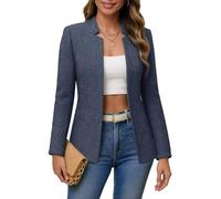 Mina Self 2025 Fall Women's Herringbone Tweed Blazer Jacket - Plaid Open Front Slim Stand Collar Full-Lined Work Trendy Coat, Navy Blue, XXL