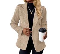 Mina Self 2025 Fall Women's Tweed Blazer - Double-Breasted Fully-Lined Fashion Slim Casual Work Office Jacket with Pockets, Khaki, M