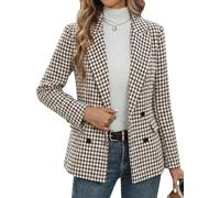 Mina Self 2025 Fall Women's Tweed Blazer Plaid- Houndstooth Fully-Lined Double-Breasted Casual Work Office Pocket Suit Jacket, Khaki, XL