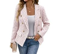 Mina Self 2025 Fall Women's Tweed Plaid Blazer Jacket - Fashion Slim Fully-Lined Double-Breasted Casual Work Coat (Pockets), Pink, XL