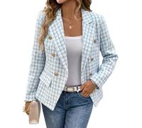 Mina Self 2025 Fall Women's Tweed Plaid Blazer Jacket - Fashion Slim Fully-Lined Double-Breasted Casual Work Coat (Pockets), Blue, M
