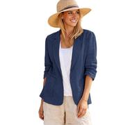 Mina Self 2025 Spring Women's Linen Blazer Jacket 3/4 Stretchy Ruched Sleeve Fully-Lined Lightweight Casual Work Petite Suit, 1-dark Blue, L
