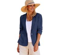 Mina Self 2025 Spring Women's Linen Blazer Jacket 3/4 Stretchy Ruched Sleeve Fully-Lined Lightweight Casual Work Petite Suit, 1-dark Blue, M