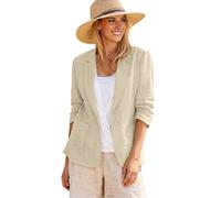 Mina Self 2025 Spring Women's Linen Blazer Jacket 3/4 Stretchy Ruched Sleeve Fully-Lined Lightweight Casual Work Petite Suit, 1-Beige, L