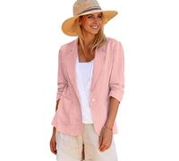 Mina Self 2025 Summer Linen Blazer Women Lightweight 3/4 Stretchy Ruched Sleeve Fully-Lined Casual Work Jacket with Pockets, 1-pink, M