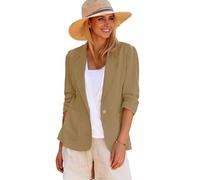 Mina Self 2025 Summer Linen Blazer Women Lightweight 3/4 Stretchy Ruched Sleeve Fully-Lined Casual Work Jacket with Pockets, 2-khaki, XXL