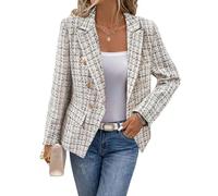 Mina Self 2025 Women's Spring Tweed Blazer Plaid Fashion Slim Fully-Lined Double-Breasted Casual Work Jacket with Pockets, 3-Plaid Beige, M