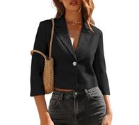Mina Self 2025 Women's Summer Linen Blazer Cropped 3/4 Sleeve Lightweight Fully-Lined Trendy Casual Work Office Suit Jackets, 1-black, L
