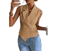 Mina Self 2025 Womens Summer Tweed Plaid Vest Tops Sleeveless Lightweight Crop Double Breasted Work Jacket, 1-khaki, Large