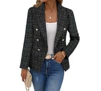 Mina Self 2026 Spring Women's Tweed Plaid Blazer Jacket - Double-Breasted Fully-Lined Slim Petite Cute Casual Work Pocket, 2-Plaid Black, XL