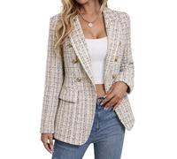 Mina Self 2026 Winter Women's Tweed Wool Blazer Jacket - Plaid Warm Fully Lined Fashion Business Casual Elegant Coat Pockets, Plaid-Beige, S