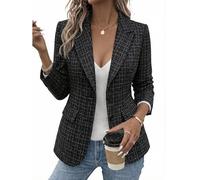 Mina Self 2026 Women's Winter Herringbone Tweed Blazer - Warm Fully Lined Notched-Lapel Plaid Work Office Jacket with Pockets, Tweed/Black-Gold, M