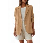 Mina Self Linen Blazer for Women 2025 Summer - Full-Lined Oversized Lightweight Casual Work Business Fashion Trendy Pockets, Khaki, XL