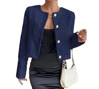 Mina self Womens Plaid Tweed Blazer Jacket Cropped Open Front Collarless Casual Business Work Office Crop Fall Winter Clothes, Navy Blue, L