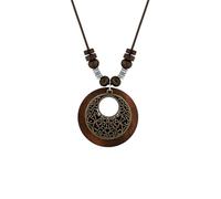 MINACHI Retro Ethnic Wooden Necklace Long Chain Round Clock Pendant Vintage Jewelry Gifts for Women Zinc No Gem