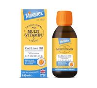 Minadex Multivitamin Liquid with Cod Liver Oil for Adults & Kids, Delicious Orange Flavour, Vitamins C, A, B2, B3, D, E & Omega-3, Boost Energy & Reduces Tiredness, Supports Immunity, 150 ml