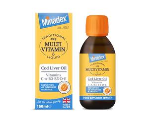 Minadex® Multivitamin Liquid with Cod Liver Oil for Adults & Kids, Delicious Orange Flavour, Vitamins C, A, B2, B3, D, E & Omega-3, Boost Energy & Reduces Tiredness, Supports Immunity, 150ml