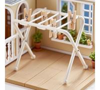 Minamzee 1:12 Dollhouse Clothes Drying Rack, 1 Set MetaMiniature Clothes Rack with 4Pcs Wooden Clips Dollhouse Furniture Accessories for Dollhouse Laundry Room, Balcony and Terrace