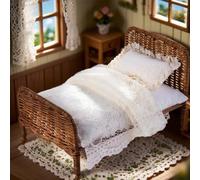Minamzee 1:12 Dollhouse Furniture Bed, 1 Set Miniature Fairy Pastoral Style Brown Rattan Bed with Removable Lace Bedding, Modemn Bedroom Furniture Accessories Set(Brown)