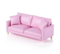 Minamzee 1:12 Dollhouse Leather Sofa, Miniature Modern Double Sofa with Pillows, Dollhouse Luxury Couch Furniture Accessories for Living Room Bedroom (Pink)