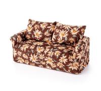 Minamzee 1:12 Dollhouse Wooden Couch Furniture Set, Fabric Removable Retro Double Sofa with Pillows. Antique Cottage-Style Miniature Dollhouse Furniture Accessories for Living Room(Coffee Brown)