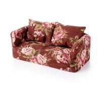 Minamzee 1:12 Dollhouse Wooden Couch Furniture Set, Fabric Removable Retro Double Sofa with Pillows.Antique Cottage-Style Miniature DollhouseFurniture Accessories for Living Room (Brown)