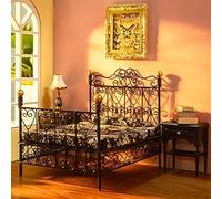 Minamzee 8Pcs 1:12 Dollhouse Bedroom Furniture Set Miniature Black Metal Bed with Bedding, Wooden Bedside Table, Lamp, Books, Murals for Master Bedroom Dollhouse Furniture Decorations Accessories
